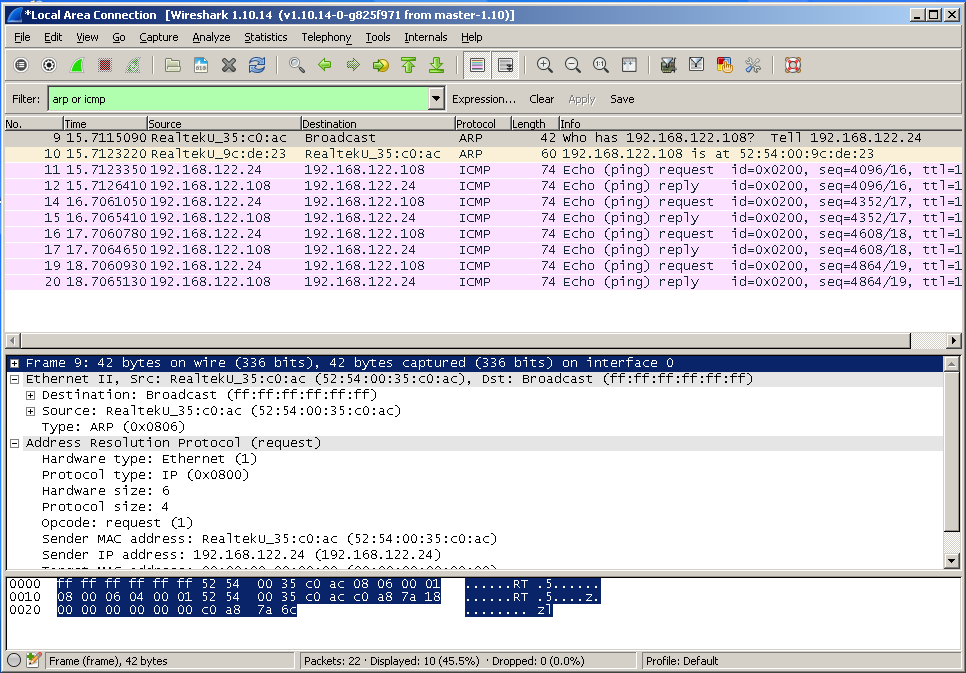wireshark captured packets and frames