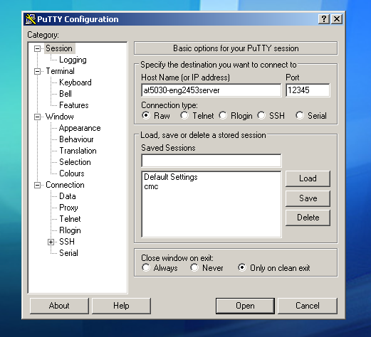 Putty parameters to connect to TCP server program.